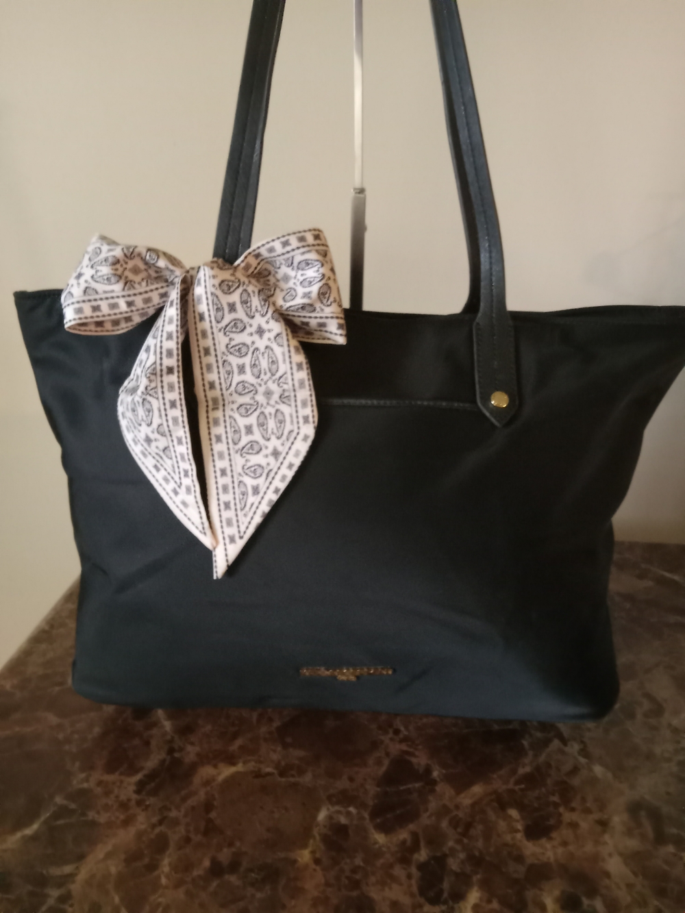 Karl Lagerfeld Blk Nylon/Leather Tote Bag w/ Scarf EUC - Picture 8 of 11